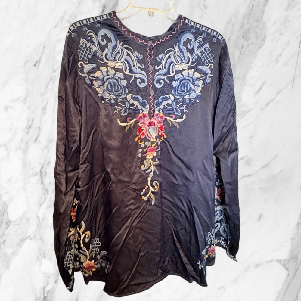 Johnny Was Small Embroidered Blouse with Blue Cream and Pink Accents - Picture 3 of 9